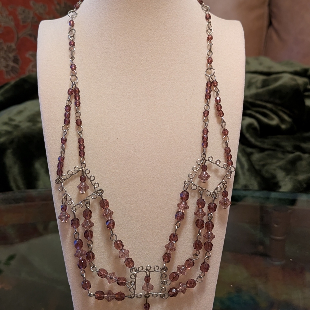 Vintage Handmade Layered Purple Crystal Bead and Wire Wrapped Necklace